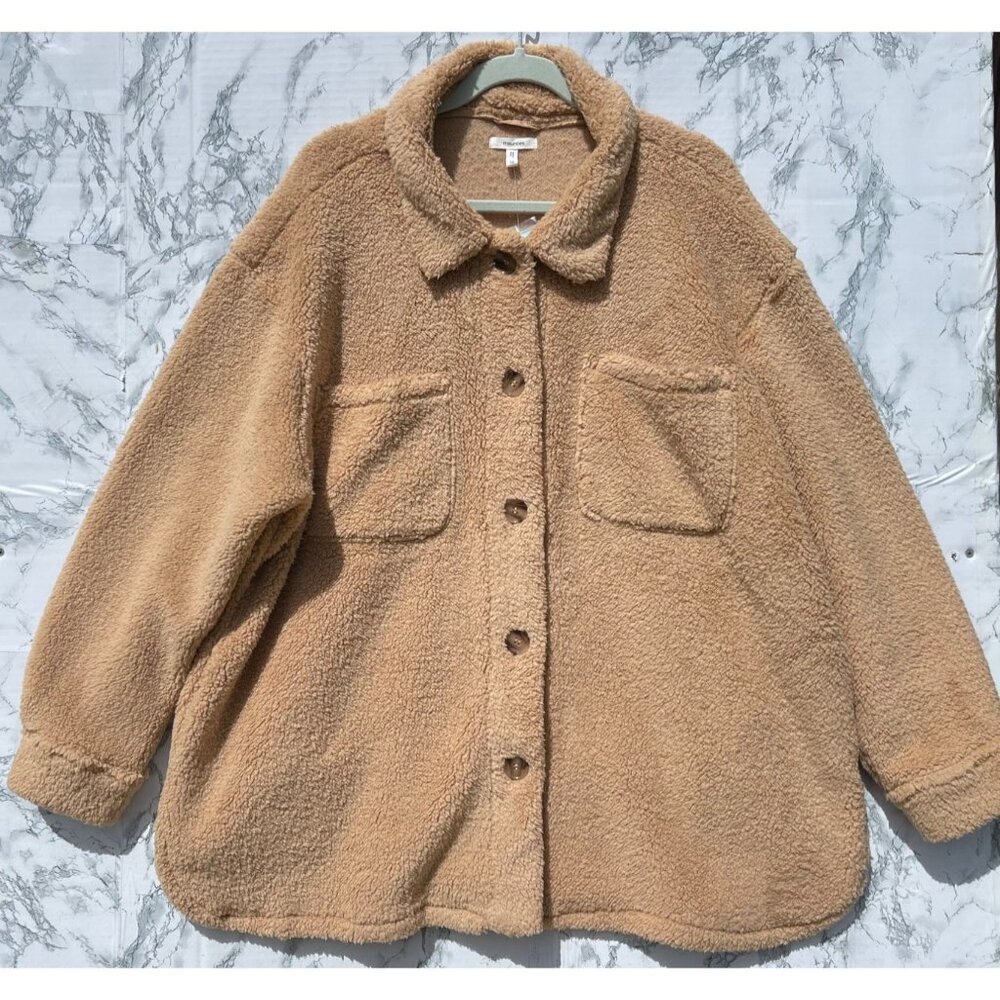 Maurice’s 1X Tan Sherpa Fleece Oversized Button-Up Jacket Front & Side pockets